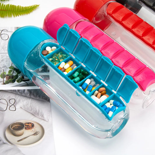 Sports Water Bottle – 7-Day Medicine Box and Drink Holder